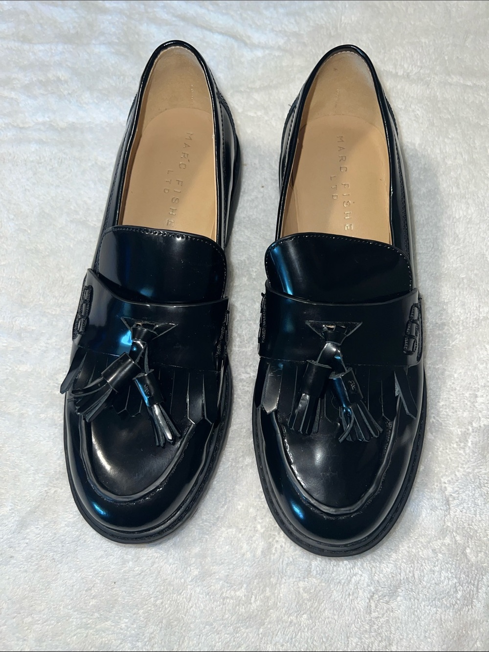 Marc Fisher Black Patent Tassel & Fringe Loafers